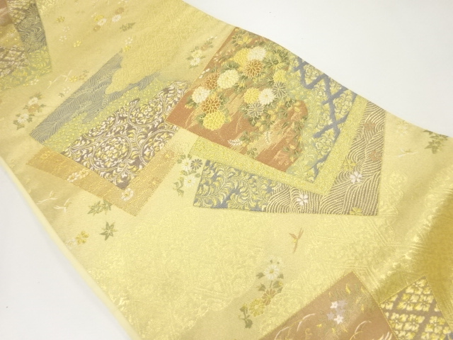 色紙に波・秋草・華紋模様織出し袋帯